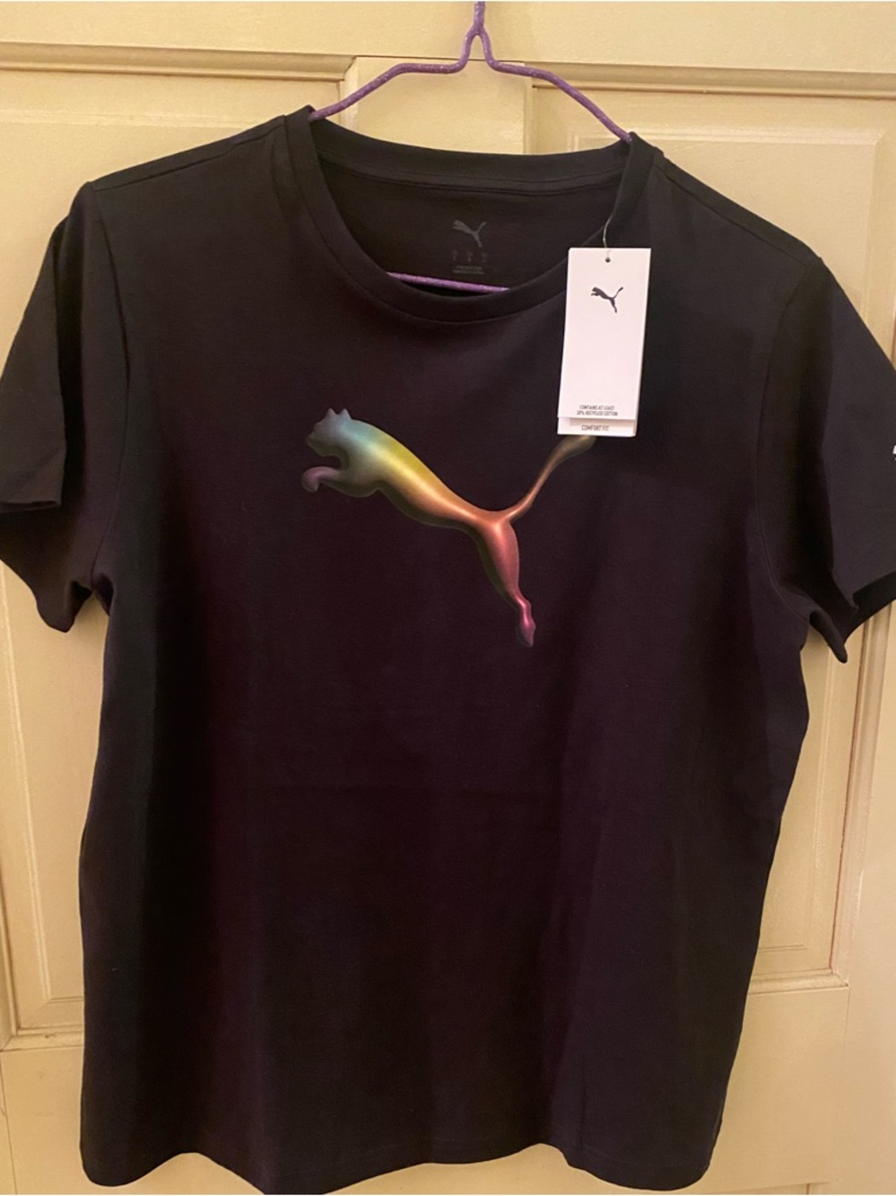 NEW Puma Black Tee with Rainbow Iridescent Cat Logo